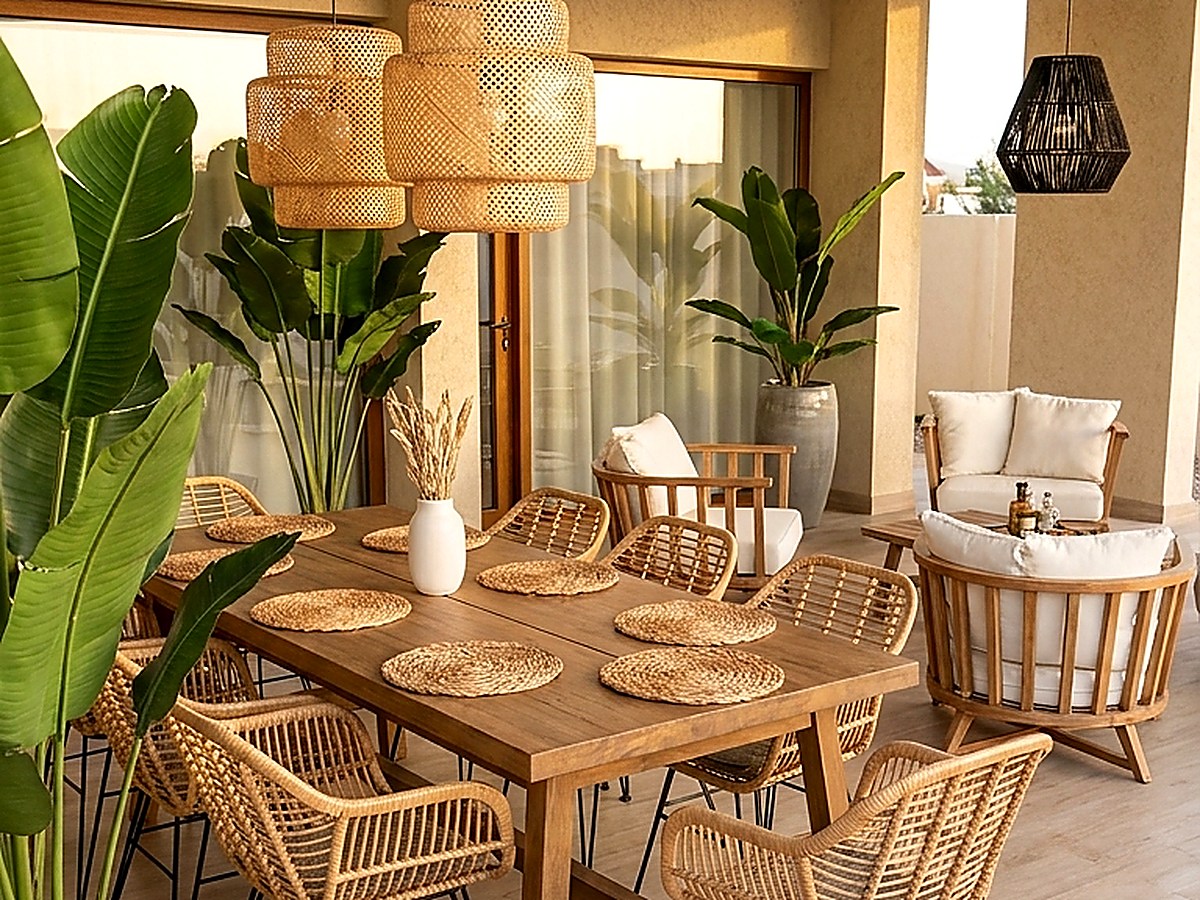 Galería con mesa de madera, sillas de rattan y lámparas colgantes de fibra